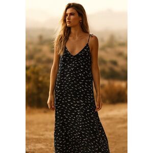 BROCHU WALKER Blue White Bird 100% Silk Maxi Sun Dress   Women's Size Petite